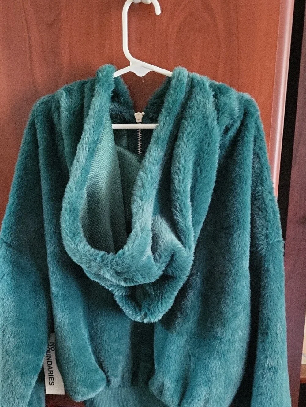 No Boundaries Teal Faux-Fur Hooded Puffer with Sequin Bear Patch